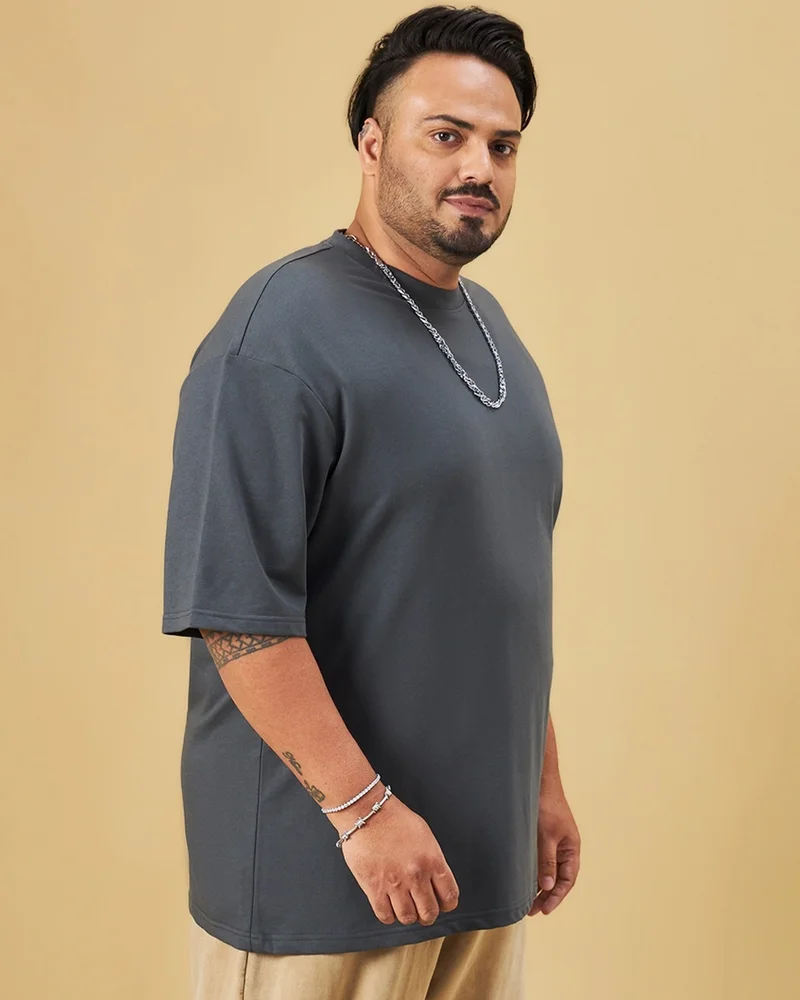 بيواكوف تيشيرت رجالي رمادي مقاس كبير فضفاض